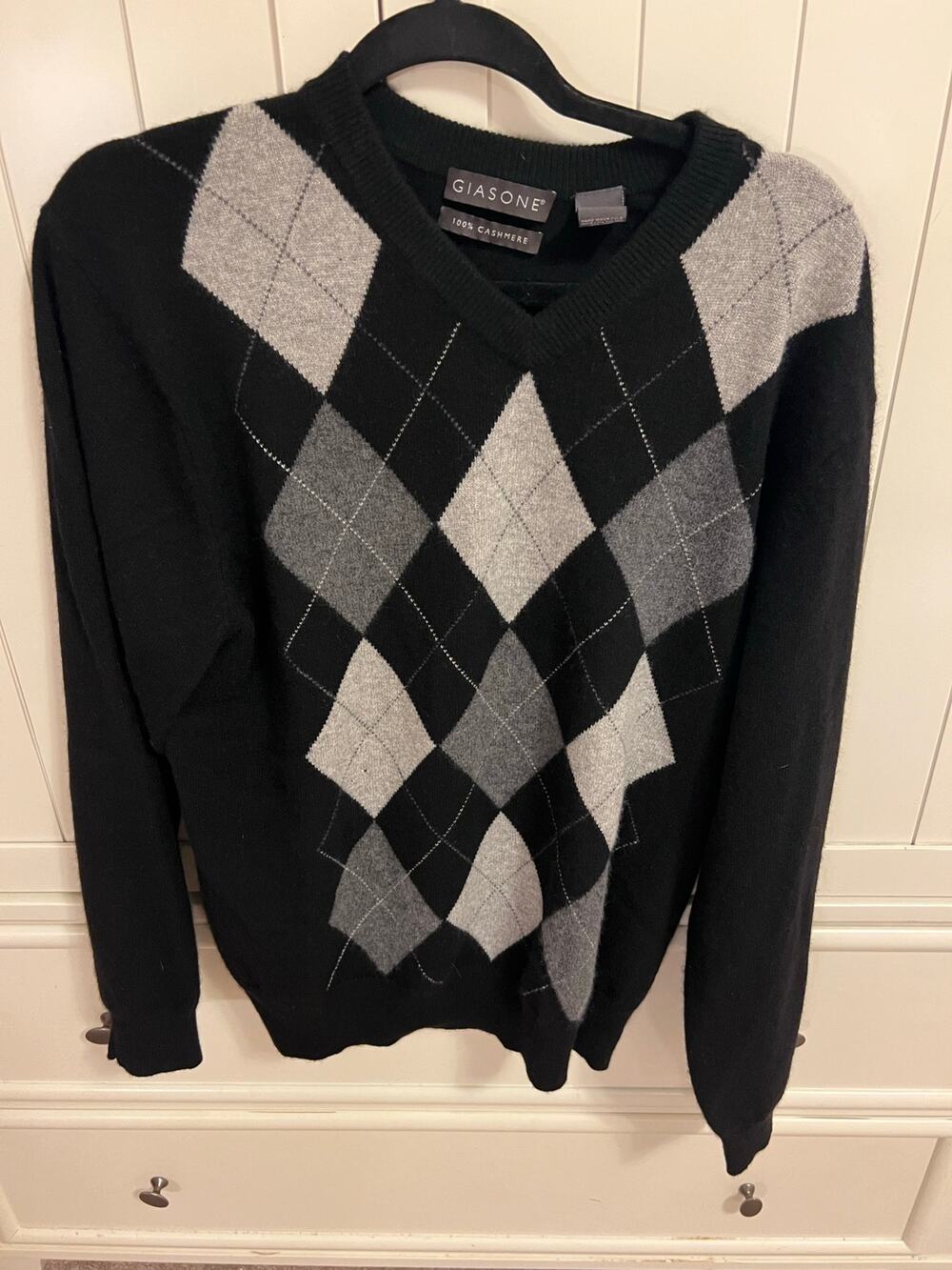 Giasone 100% Cashmere Argyle Sweater Men’s L Black Gray Preppy Y2K